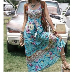 Bohemian Floral Maxi Dress – Women’s Medium, Light Blue, Everyday Boho